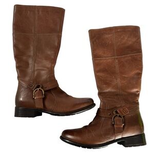 Clarks Brown Leather Riding Boots Harness Strap Mid Calf Women’s 8 Classic